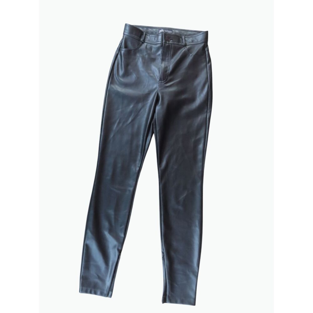 Zara Faux Leather Fleece Lined Leggings Pants Black Small S Ankle Zip High Waist